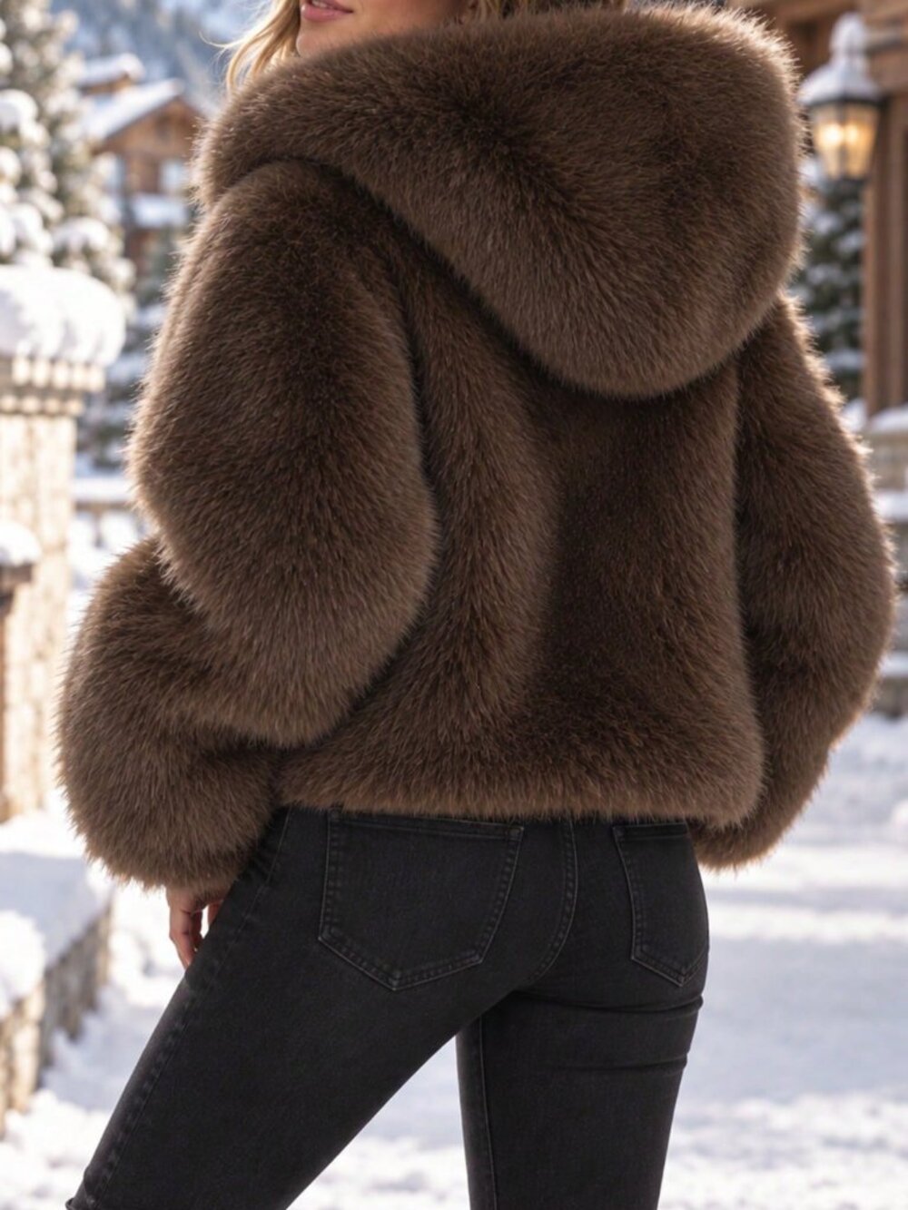 Coffee Brown Party Women's Faux Fur Hooded Short Coat - Picture 5 of 5